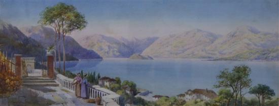 Claude Rowbotham (1864-1949), watercolour, Italian lake scene with figures on a terrace, signed and dated 1893, 20 x 48cm